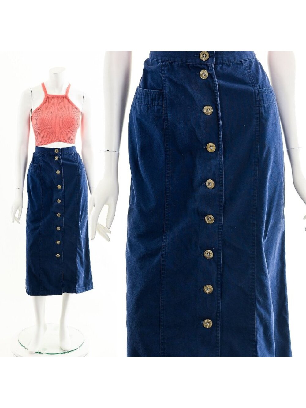 Navy Button Up Midi Skirt 90s